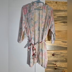 Victoria's Secret Gold Label 100% Silk Pink Satin Floral Kimono Robe Womens OS